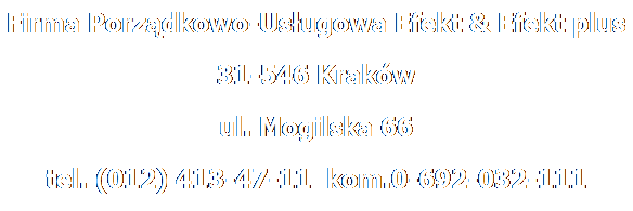 Pole tekstowe: Firma Porz�dkowo-Us�ugowa Efekt & Efekt plus
31-546 Krak�w
ul. Mogilska 66
tel. (012) 413-47-11&nbsp; kom.0-692-032-111
